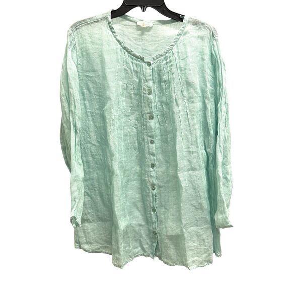 EILEEN FISHER Semi- Sheer Linen Gauze Button Front Long Sleeve Tunic Top Size L - Picture 3 of 7